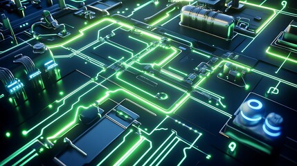 Poster - A circuit board layout with glowing green and blue connections, designed to showcase the flow of electricity through a high-tech system