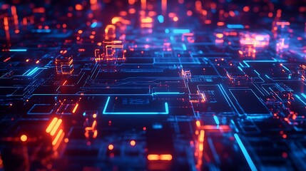 Poster - A deep blue circuit board pattern with intricate linework and glowing connections, symbolizing a cutting-edge technological design