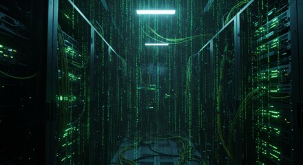 Aufkleber - Server room interior filled with glowing cascading green binary code resembling the Matrix, showcasing technology and data flow