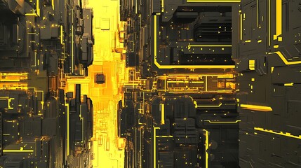 Poster - A digital circuit layout with glowing yellow and orange pathways, resembling the inner workings of a high-tech device or network