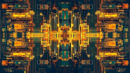 Poster - A digital circuit layout with glowing yellow and orange pathways, resembling the inner workings of a high-tech device or network