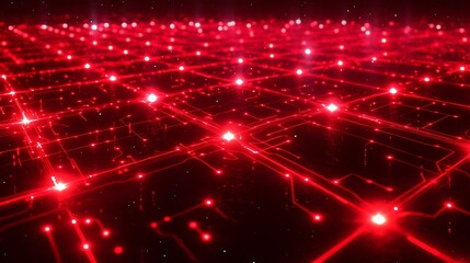 Poster - A digital network of interconnected circuit lines, glowing in bright red, representing the data transmission and electric flow in modern technology