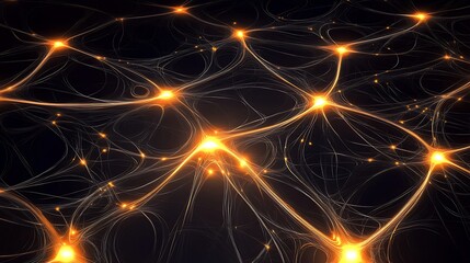 Poster - A sophisticated circuit pattern with fine lines and glowing dots on a dark backdrop, resembling a futuristic neural network of electrical pathways