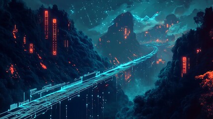 Poster - An abstract digital circuit design with glowing blue paths and microchips, evoking a futuristic and high-tech digital landscape