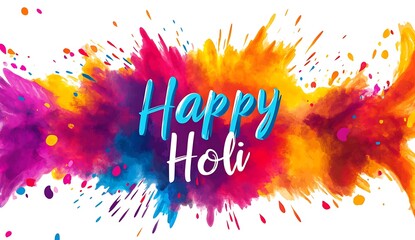 Poster - A vibrant and colorful Happy Holi text with intricate designs, surrounded by an explosion of color