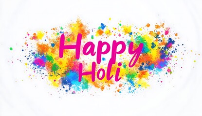 Poster - A vibrant and colorful Happy Holi text with intricate designs, surrounded by an explosion of color