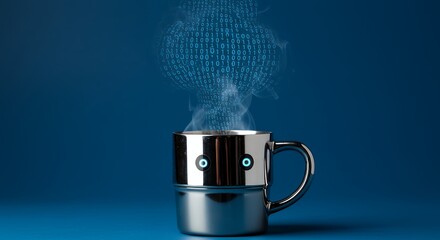 Aufkleber - Digital Brew A Robotic Coffee Cup Steaming with Binary Code, Symbolizing AI and Technology, Against a Blue Background