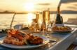 © Chatchanan - A luxurious dining setup on a yacht at sunset, a table filled