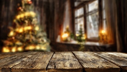 Poster - rustic wooden table foreground with blurred cozy christmas interior, glowing tree, and warm window light for product mockup

