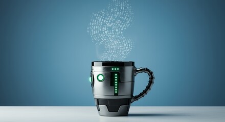 Aufkleber - Futuristic metal mug with digital steam and binary code rising in a conceptual representation of technology and modern innovation on a blue background