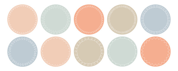 Poster - Pastel circle sticker set with doodle outlines. Round frames with scribble border. Ideal for planner, scrapbooking, stationery, social media, digital design, product packaging, label, gift tag