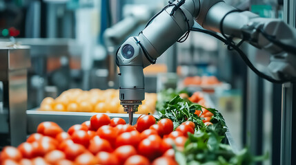 Poster - a state of the art robotic arm in a food processing plant, delicately handling fresh ingredients wit