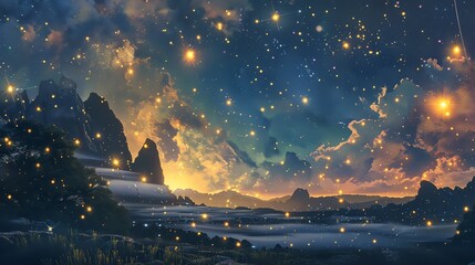 Wall Mural - the image is a beautiful landscape with a starry night sky, mountains, and a lake.