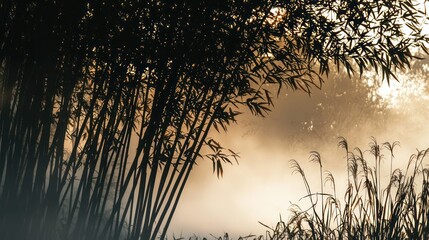 Wall Mural - A misty bamboo grove in early morning light.