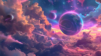 Wall Mural - fantasy landscape with a beautiful view of the starry sky, colorful clouds and planets.