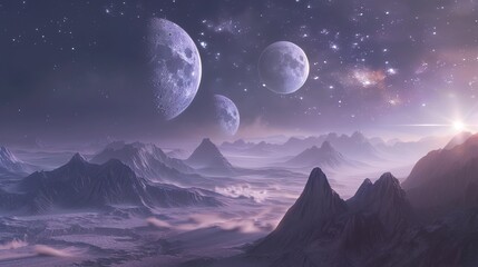 Wall Mural - the image is a beautiful landscape of an alien planet. the planet has a pink sky and three moons. th