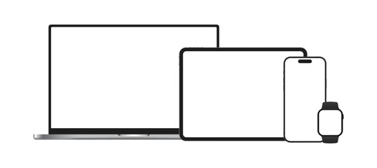 Fototapete - Laptop, Tablet PC, Smartphone and Smartwatch Devices Mockup Set Vector Illustration. Modern Technology Blank Screen Advertisement, Promotion Template