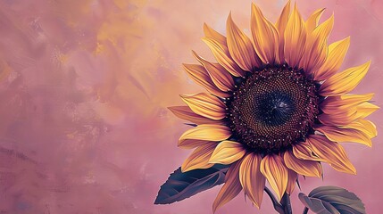 Wall Mural - A beautiful sunflower with bright yellow petals and a dark brown center. The sunflower is set against a soft pink background.