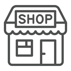 Poster - Shop with signboard line icon, black friday concept. Vector graphics. Building with banner, shop sign on white background, outline style icon for mobile or web design.