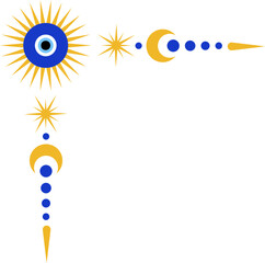 Wall Mural - Evil eye magic border with celestial stars. Turkish and Greek astrology ornamental corner. Spiritual bead nazar is the symbol of luck and protection. Ornate separator and divider.