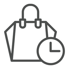Poster - Bag with timer clock line icon, black friday concept. Vector graphics. Happy hour, shopping sign on white background, outline style icon for mobile or web design.