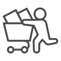 Poster - Running man with full cart line icon, shopping concept. Vector graphics. Customer with packages, purchase sign on white background, outline style icon for mobile or web design.