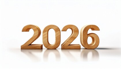Poster -  wooden 2026 number design with realistic texture and soft reflection on white background for new year branding visuals