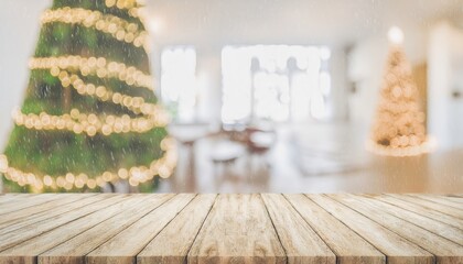 Poster -  wooden tabletop in front of festive blurred christmas tree with golden bokeh and soft snowfall for product display design