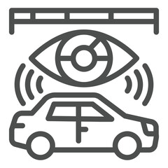 Poster - Car map vision data line icon, online traffic concept. Vector graphics. Data ruler and eye with automobile, vehicle sign on white background, outline style icon for mobile or web design.