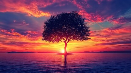 Wall Mural - Silhouette shot of a lone tree against a colorful sunset.