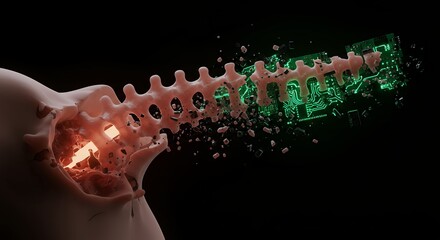 Aufkleber - Spine Transforming into Circuit Board with Digital Fracture and Futuristic Glow Representing Technological Advancement and the Fusion of Biology and Technology