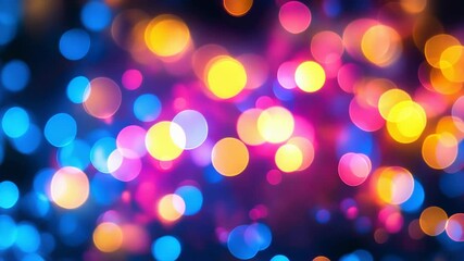 Poster - Abstract neon circles of blue, pink, and yellow glow on a dark background