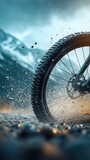 Mountain bike tire kicking up dirt and gravel on rugged terrain near majestic mountains at sunrise