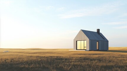Aufkleber - A tiny house on a vast open plain, minimal lines and soft shadows