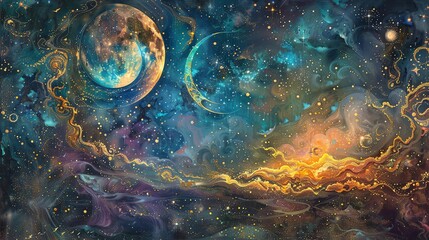 Wall Mural - this is a beautiful space-themed painting. the painting features a large moon and a crescent moon. t