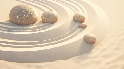 Poster - Serene Zen Garden Spiral, a meticulously crafted spiral in soft taupe sand, enhanced by shimmering particles that catch the light, evoking tranquility and harmony.