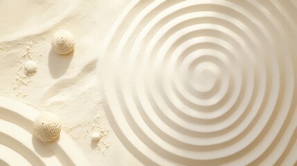 Poster - Zen Garden Serenity, an abstract top-down view showcasing concentric ripples in fine white sand, with scattered particles glistening gently in the light, evoking tranquility and reflection.