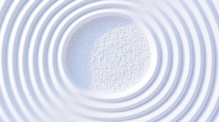 Poster - Serene Zen Garden Composition, an abstract aerial perspective capturing concentric ripples in fine white sand, with glimmering particles creating a tranquil atmosphere.