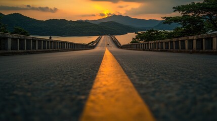 Poster - Scenic sunset view from a bridge over a lake and mountains with a road leading into the distance.