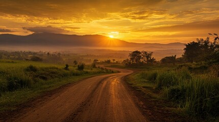 Aufkleber - Scenic sunset over a winding dirt road leading to distant mountains.