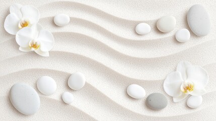 Poster - Serene Zen Garden Abstract, soft flowing sand waves, tiny pebbles, warm beige tones, ambient light creating a tranquil and meditative atmosphere.