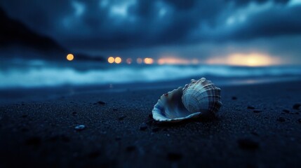 Poster - Seashell on dark beach at dusk, waves and lights in background.