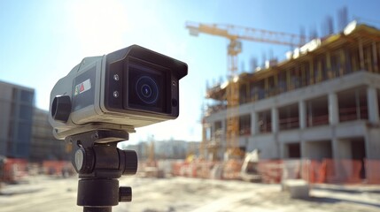 Poster - Security camera monitoring construction site, crane, building, safety.