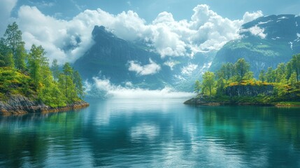 Poster - Serene fjord landscape with mist-shrouded mountains, lush green vegetation, and calm turquoise water reflecting the sky.