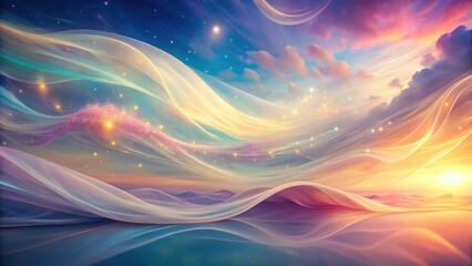 Wall Mural - Dreamlike Celestial Landscape Soft, ethereal fabrics gently undulate across a serene, sunlit horizon, creating a magical dreamscape.