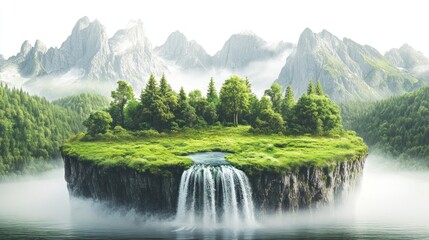 Aufkleber - Serene island paradise with waterfall, lush greenery, and majestic mountain backdrop.