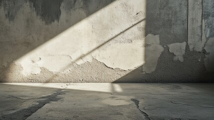 Aufkleber - Sunbeams illuminate a dilapidated, empty room with peeling paint and cracked concrete floor.