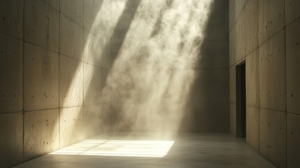 Aufkleber - Sunbeams illuminate a misty, minimalist concrete room with a door.