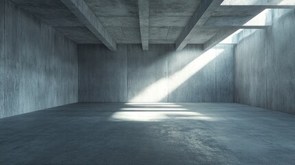 Aufkleber - Sunbeams illuminate an empty, raw concrete room with high ceilings and exposed beams.