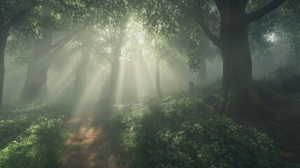 Poster - Sunbeams pierce through misty forest, illuminating path.